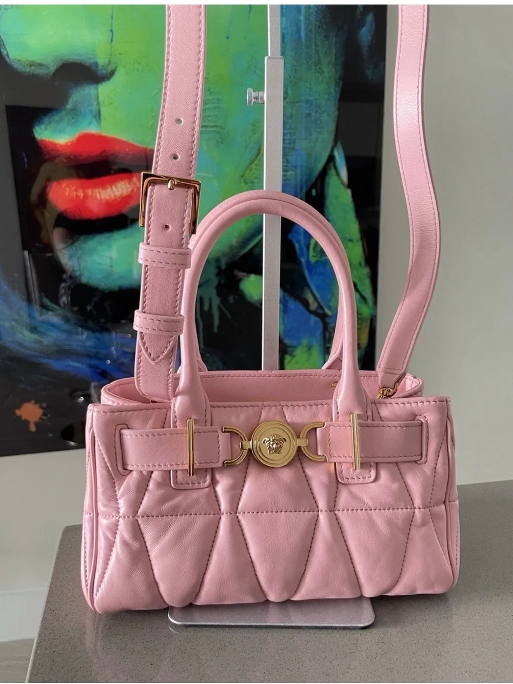 Versace Pink Quilted Leather Satchel with Gold Medusa Hardware